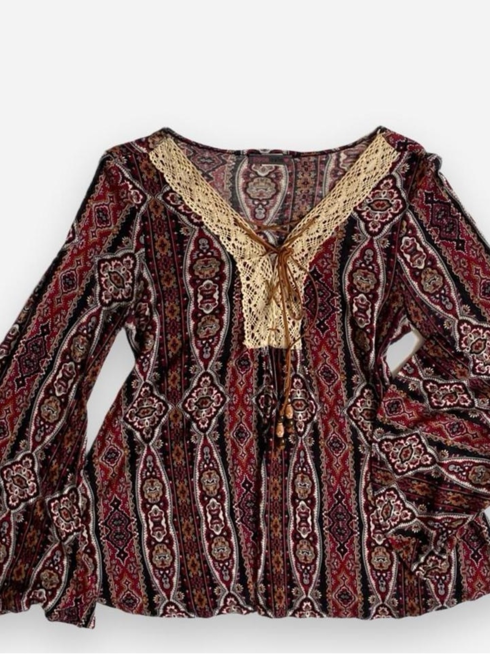 Y2k boho mandala patterned bell sleeve top